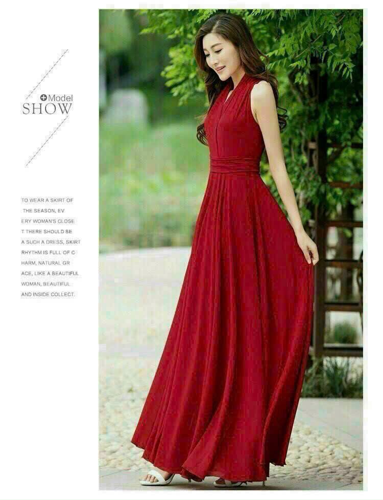 Đầm maxi cổ V sát nách đai eo xếp li