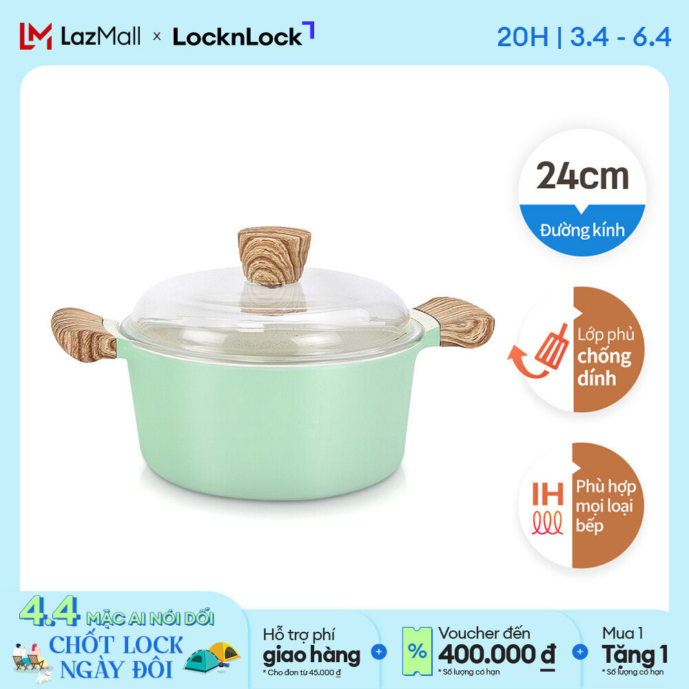 CCA202 - Nồi nhôm chống dính nắp thủy tinh nhãn hiệu Lock&Lock 24cm màu Mint Dùng được bếp từ, kèm nắp thủy tinh