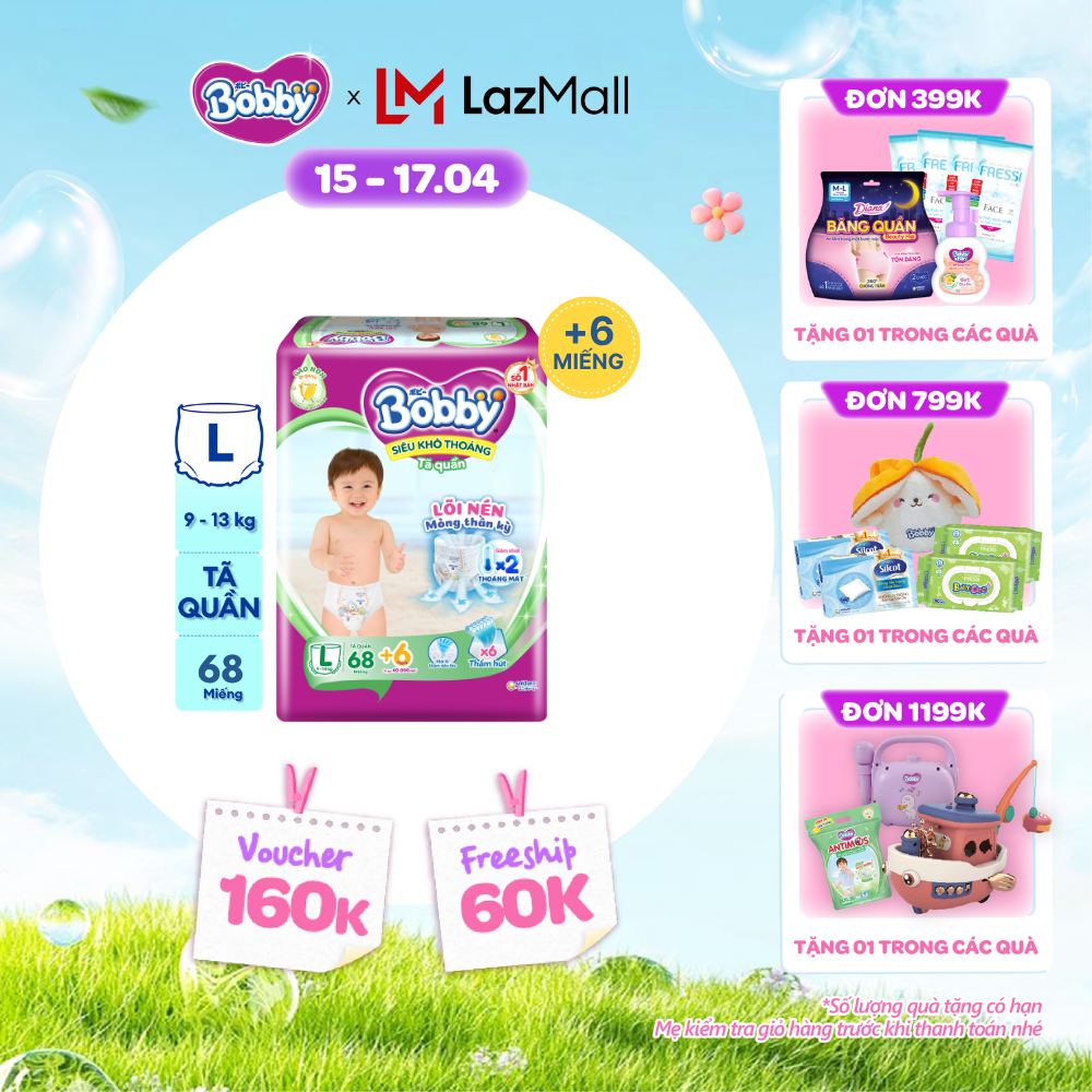 [CHỈ 18-24.04 QT Đơn 899K/1199K]Tã/bỉm quần Bobby Ultra Jumbo 3mm Gạo non Giảm nhiệt L70