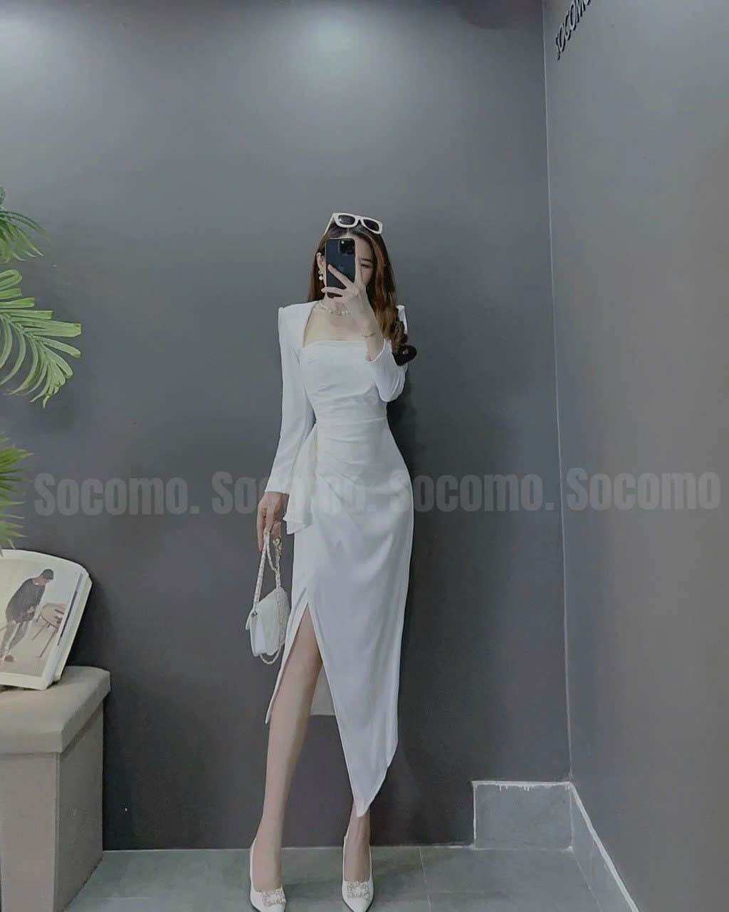 Váy thiết kế body cổ U viền đá, vạt chéo bèo sườn xẻ tà sang trọng