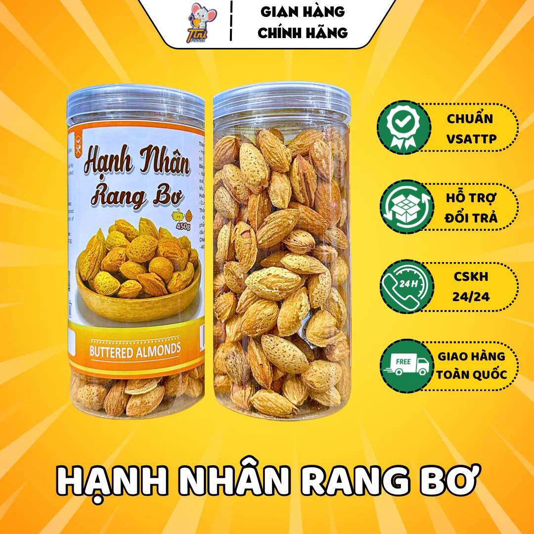 Hạt hạnh nhân rang bơ vỏ mỏng loại 1 - lon 450g - đồ ăn vặt