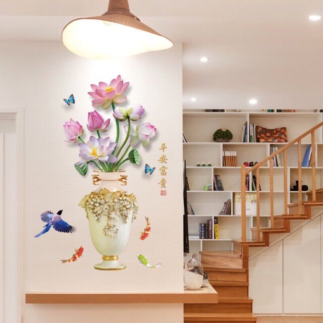 decal dán tường bình hoa và công