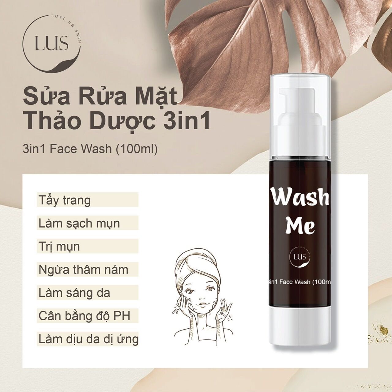 Sữa rửa mặt thảo dược Wash me - LUS 100ml giành cho mọi loại da phù hợp da mụn, yếu, lỗ chân lông to
