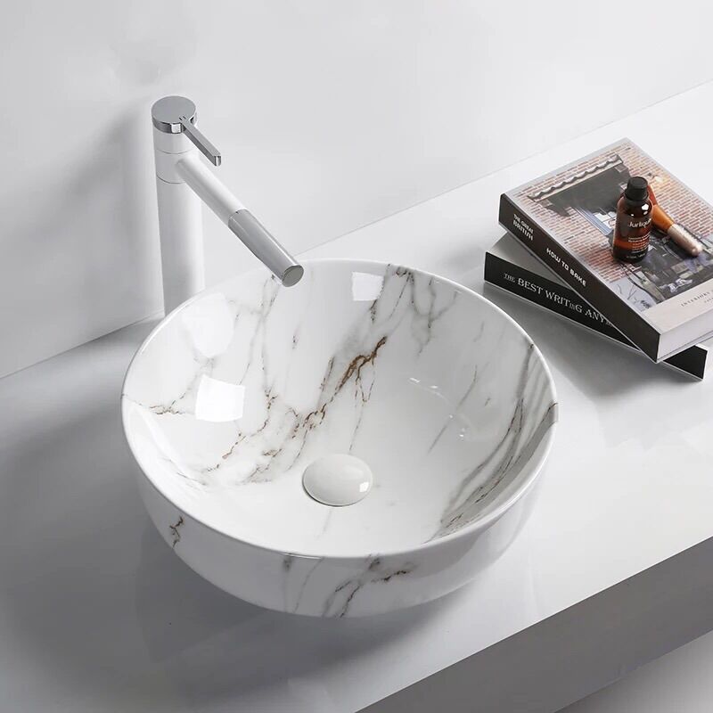 Lavabo vân đá tròn tô đặt bàn kích thước 420x420mm vân đá nghệ thuật