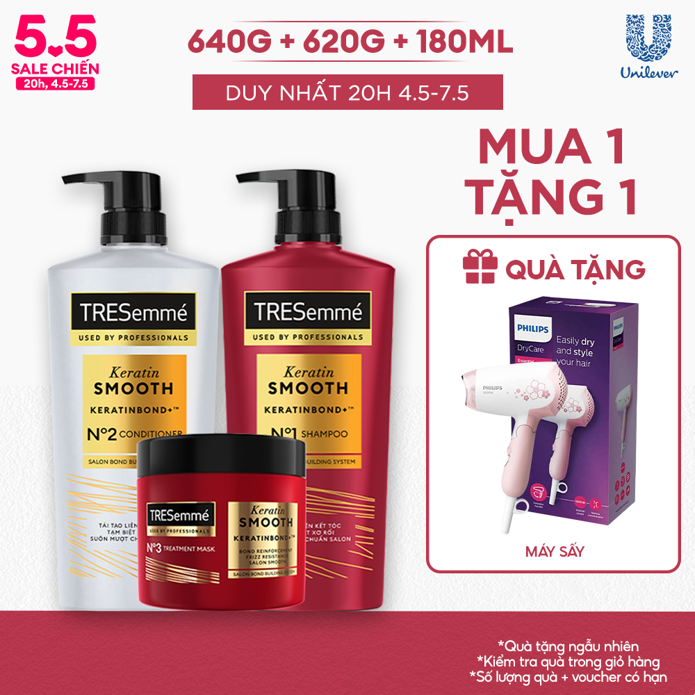 Combo Dầu Gội, Dầu Xả, Kem Ủ TRESemmé Keratin Smooth Keratinbond+ 640g, 620g, 180ml Cho Tóc Khô Xơ Rối Vào Nếp Suôn Mượt