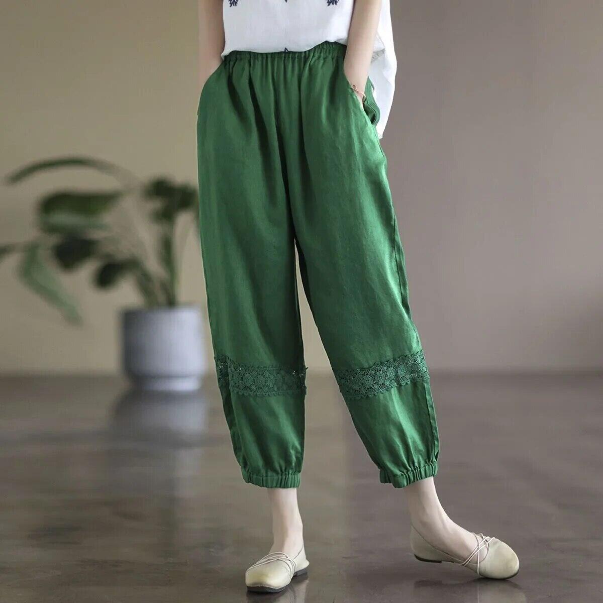 Retro vải lanh cotton mùa hè nữ harlan quần thiết kế ren 9 điểm màu đa năng cổ đèn lồng quần