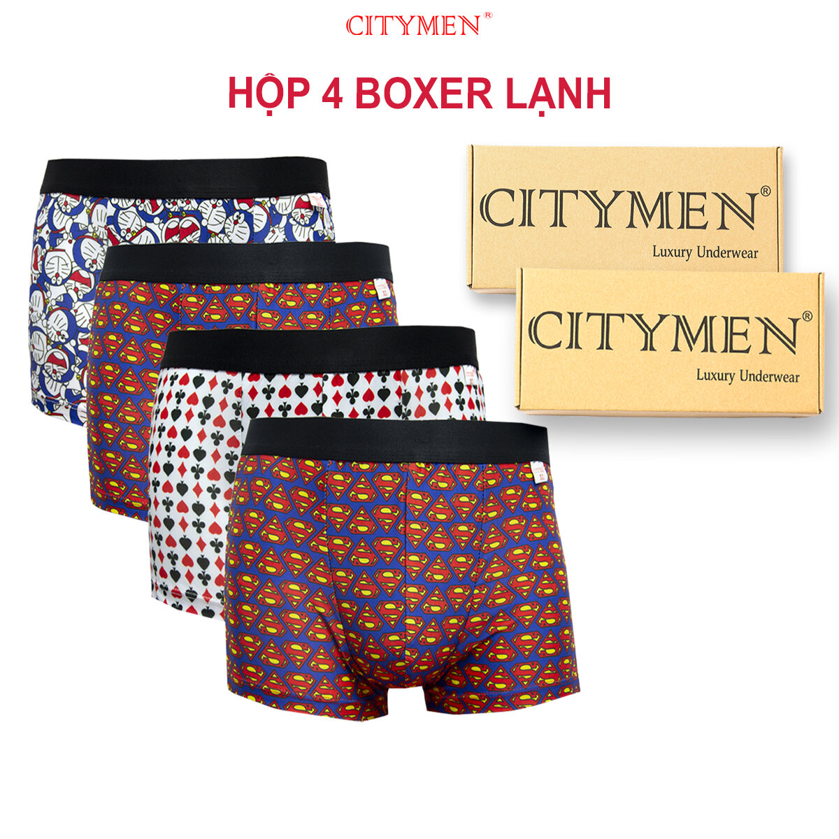  Hộp 4 Quần Sịp Đùi Nam vải thun lạnh họa tiết hoạt hình - CITYMEN 