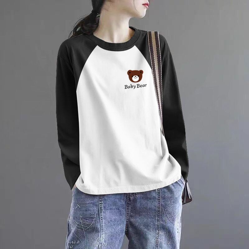 Pure Cotton Vải Bông 100% Rộng Rãi Áo Thun Dài Tay Nữ Thẻ Giảm Giá Thương Hiệu Áo Thun Loại Bỏ Giải 