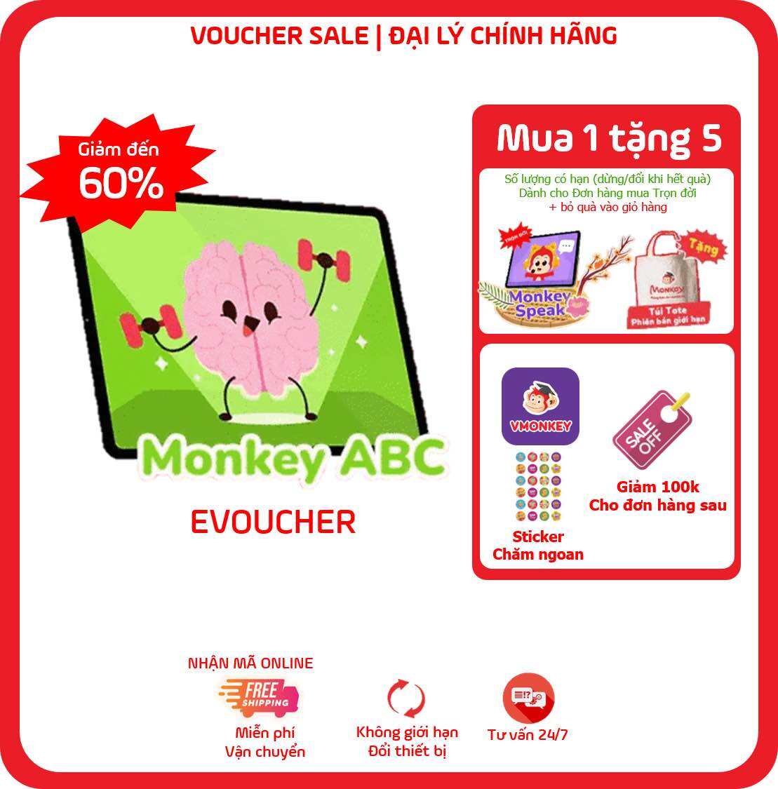 Evoucher Monkey ABC - Trọn đời -  Khóa học từ vựng tiếng Anh trẻ em từ 0 đến 10 tuổi - phương pháp Glenn Doman