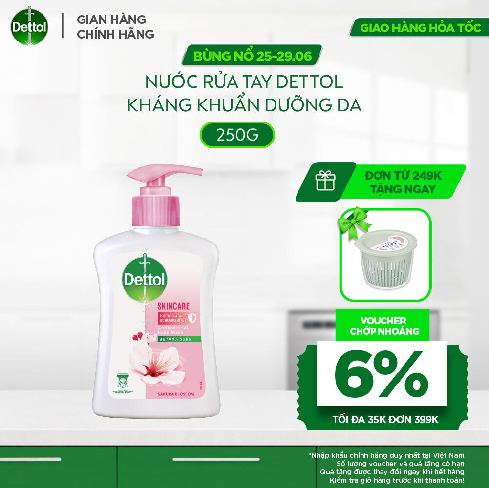 Nước rửa tay Dettol kháng khuẩn dưỡng da, hương hoa anh đào - Chai 250g