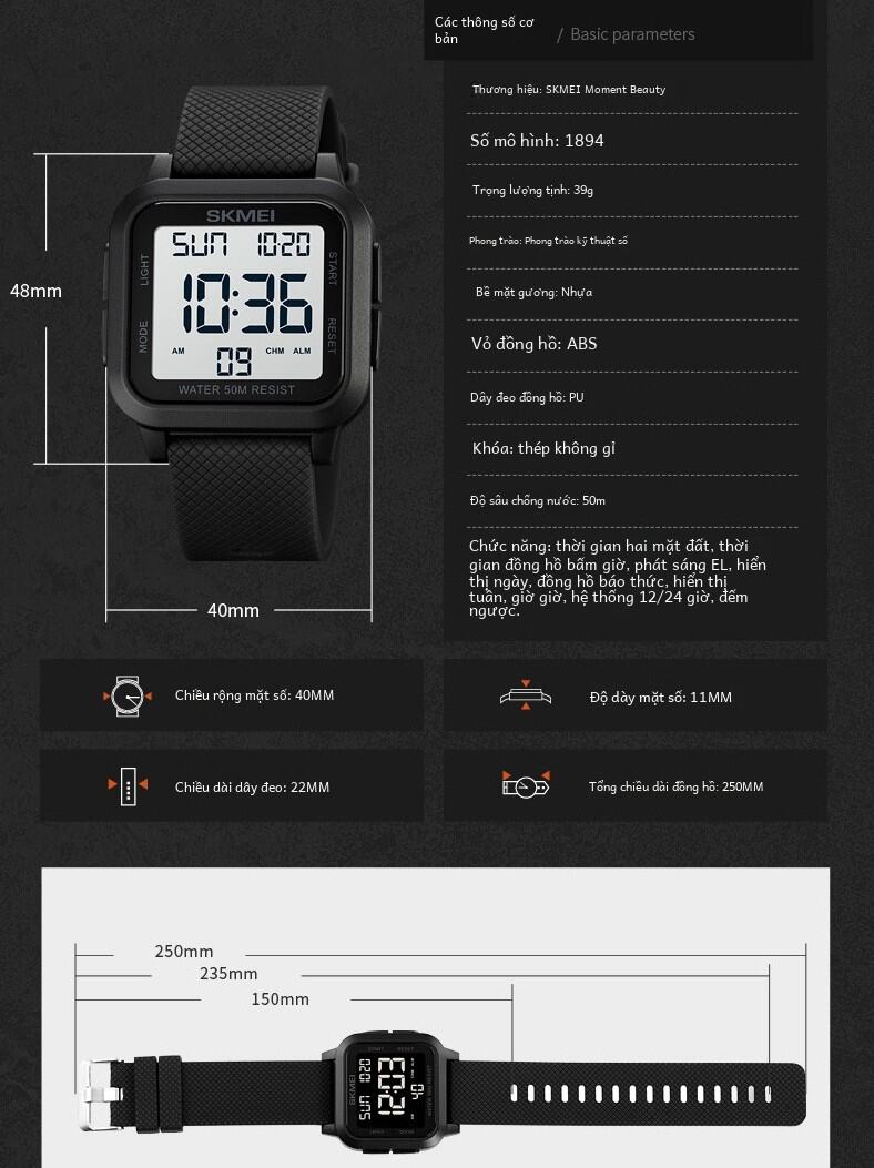 Đồng Hồ Thể Thao Kỹ Thuật Số Skmei 1894 Unisex Đồng Hồ Đếm Ngược Điện Tử Chống Nước Thời Trang Đơn Giản Đèn Ngủ Đa Chức Năng