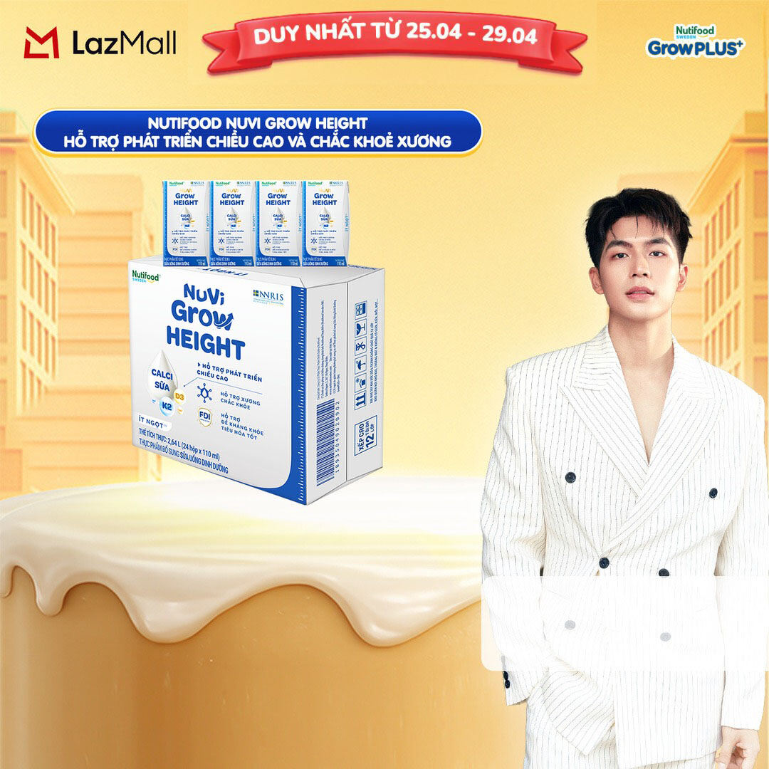 Thùng 24 hộp Sữa Nước Pha Sẵn Nuvi Grow Height + hỗ trợ phát triển chiều cao hộp 110ml - Trên 1 tuổi