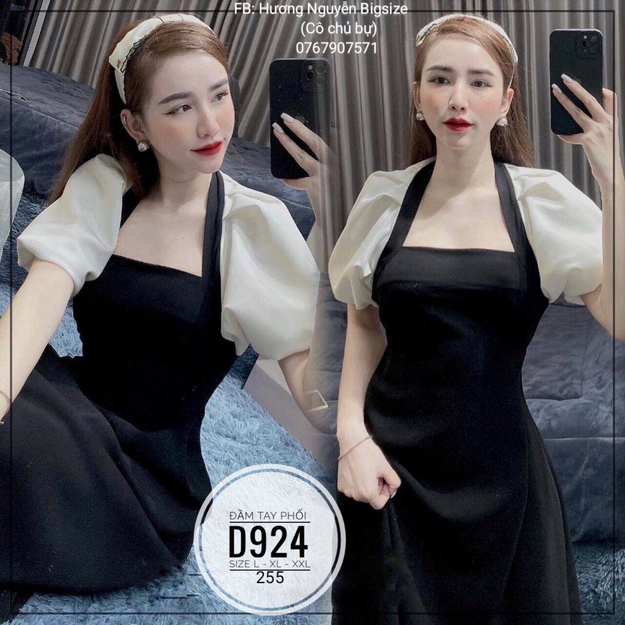 60-90kg bigsize đầm tay phối cổ điển d924