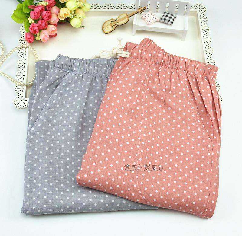 Quần Ngủ Nữ Vải Xô Cotton Hai Lớp Kiểu Nhật Quần Mặc Nhà Chấm Tròn Kiểu Mỏng Mùa Hè Quần Dài Nữ Rộng Rãi Mặc Nhà Thường Ngày