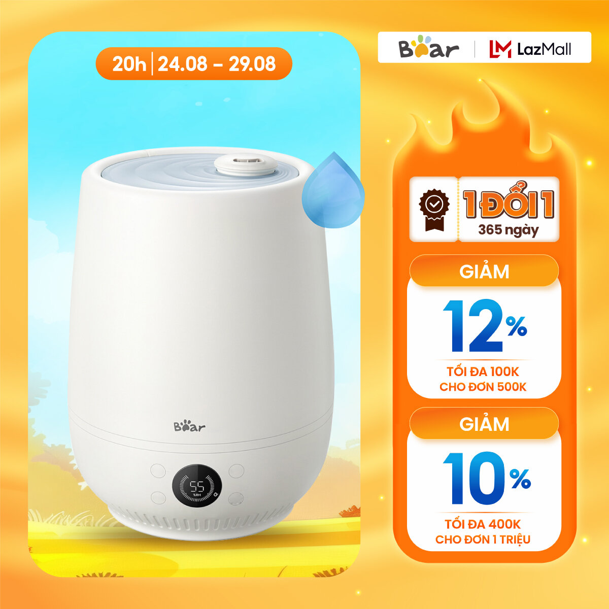 Máy Phun Sương Tạo Ẩm Không Khí Bear JSQ-C50Q1 ,dung tich 4.5L ,Khuếch tán tinh dâu ,Tạo ion ,Bảo hành 18 tháng