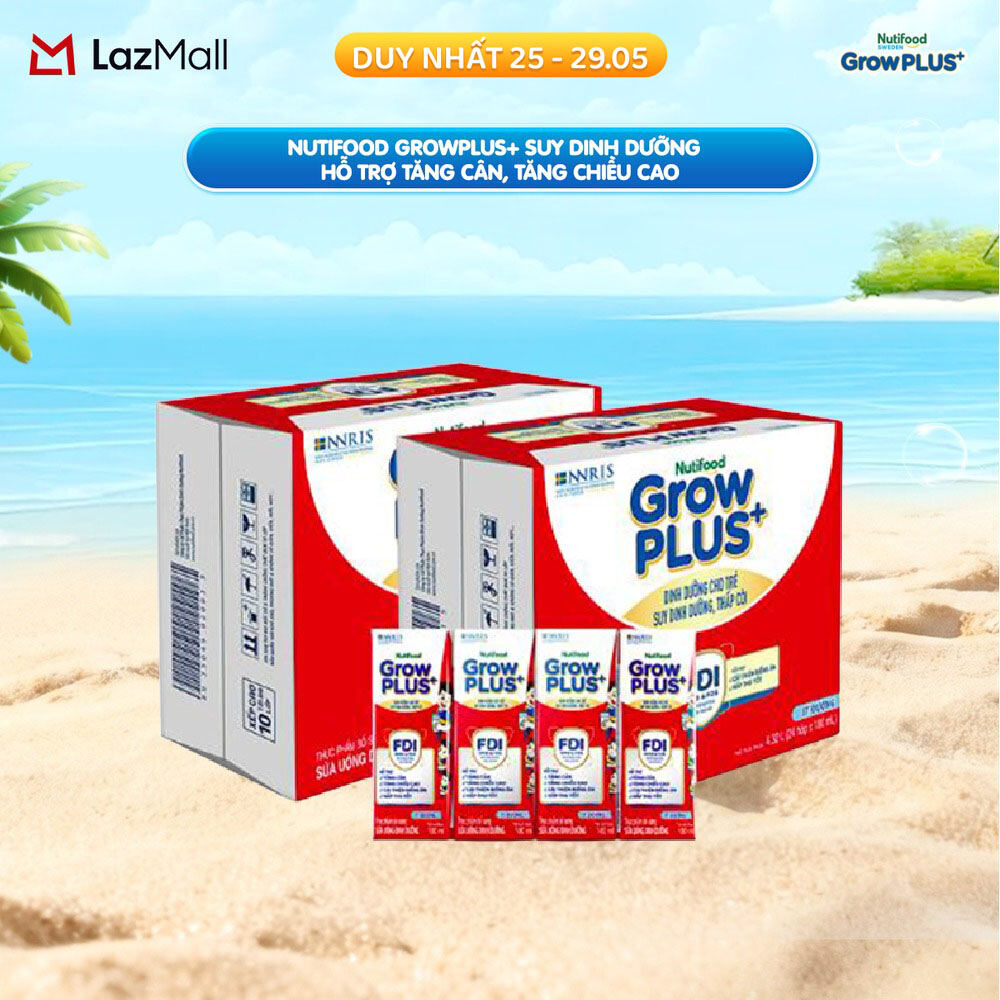 Thùng Sữa Nước Pha Sẵn Nutifood GrowPLUS+ Ít Đường suy dinh dưỡng - Hỗ trợ tăng cân, tăng chiều cao - Trên 1 tuổi (48 Hộp x 180ml) (Bao bì tùy đợt nhập hàng)