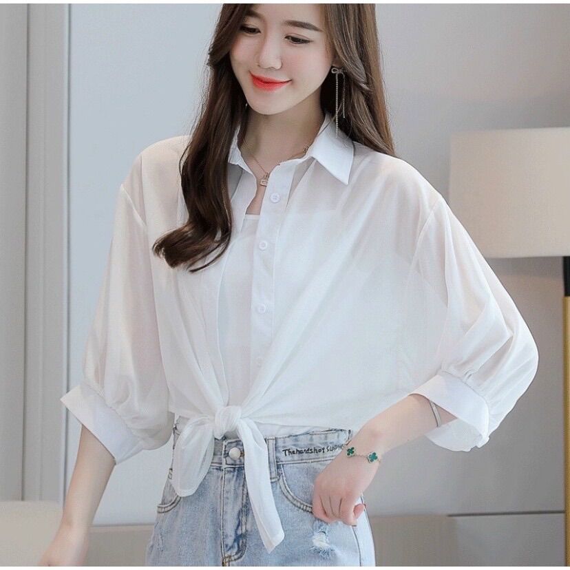 Set Sơ mi voan cột bụng + 2 dây