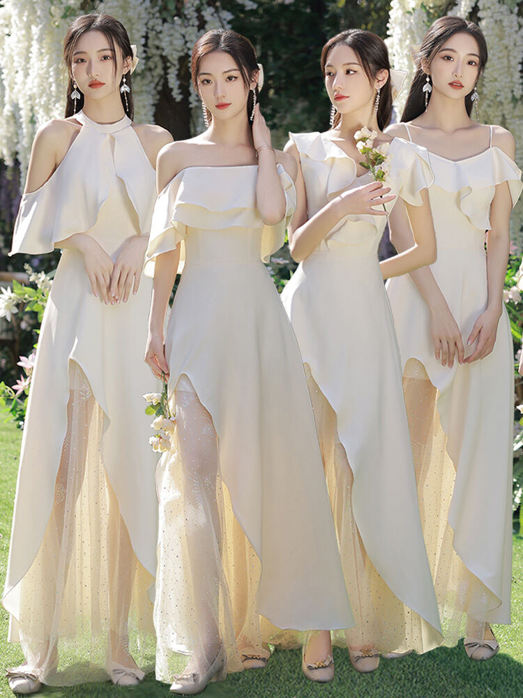 Váy Cưới Satin Màu Sâm Panh Cho Cô Dâu Váy Dạ Hội Nữ Váy Ngắn Mùa Hè Váy Cưới Tay Không Váy Dài Thường Ngày