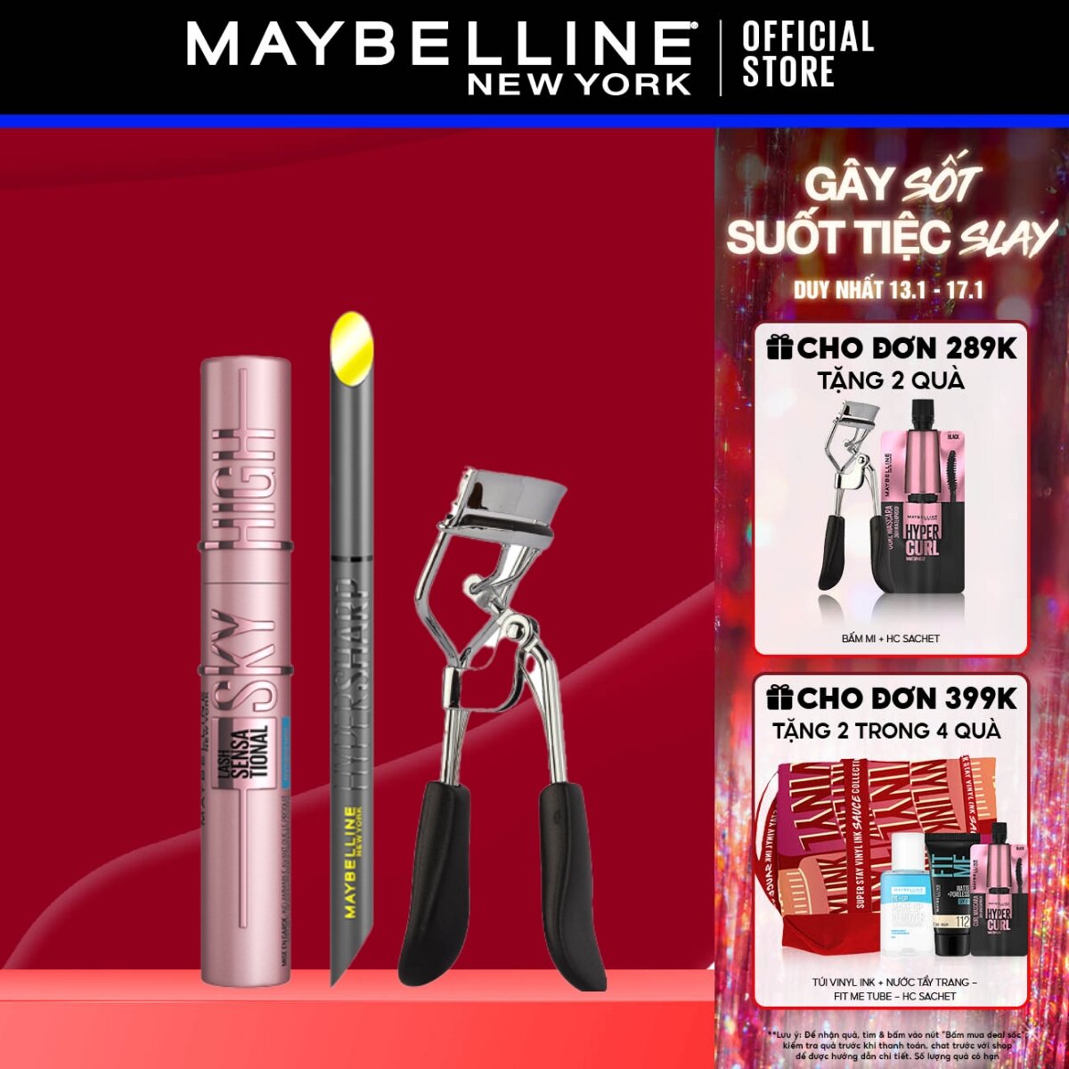 Bộ Mascara Sky High Tơi Dài Mi 6ml và Bút Kẻ Mắt Nước Siêu Sắc Mảnh 36H Lâu Trôi HyperSharp Maybelline New York (Đen) kèm Kẹp Bấm Mi