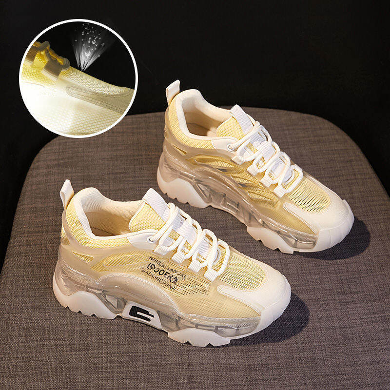 Giày Chunky Sneaker Đế Jelly Giày Nữ Cỡ Nhỏ Dễ Phối Thoáng Khí Mặt Lưới Thoáng Khí Mùa Hè Mẫu 2022 Cho Nữ Giày Trắng Tăng Chiều Cao Đế Dày