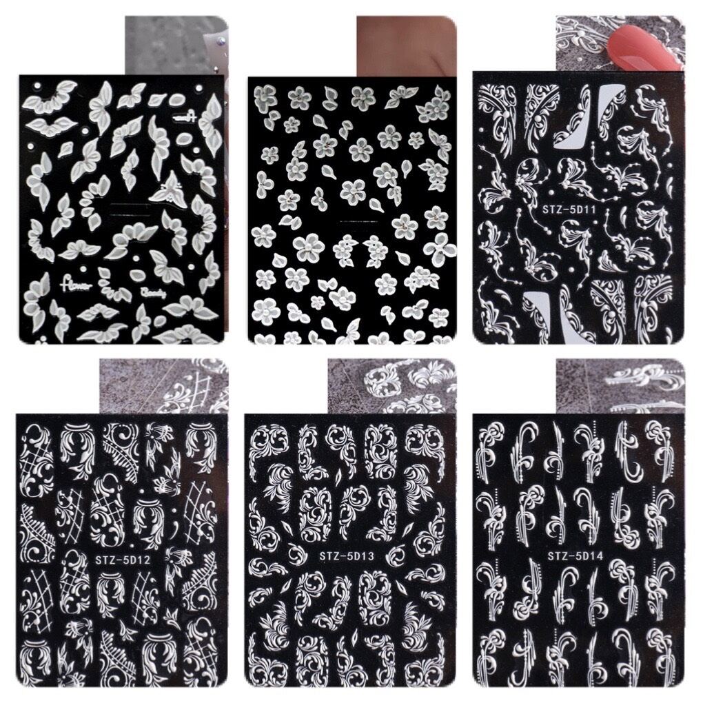 Sticker dán móng tay hoa nổi 5D hoa trắng thay cho hoa bột nail