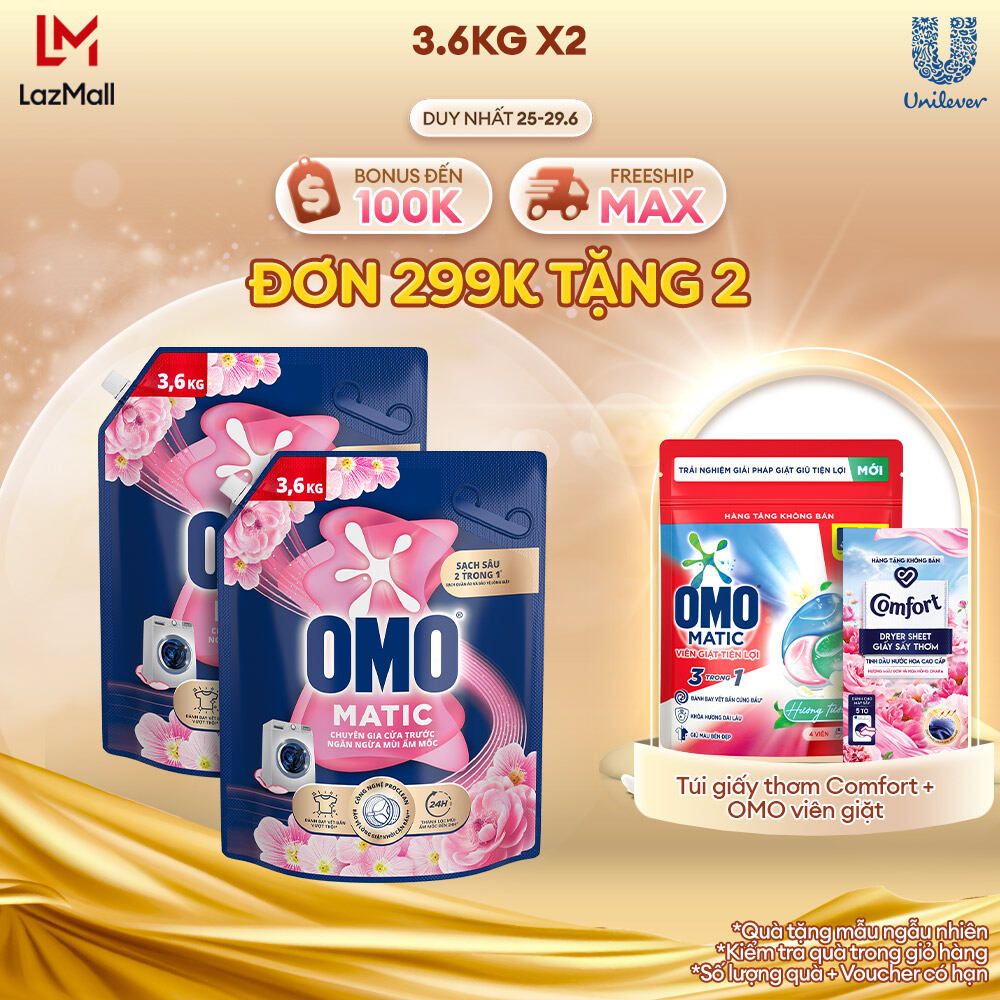 Combo 2 Túi Nước giặt OMO Chuyên dụng Cửa trước Ngăn ngừa Mùi Ẩm mốc Hương Hoa Anh Thảo 3.6kg