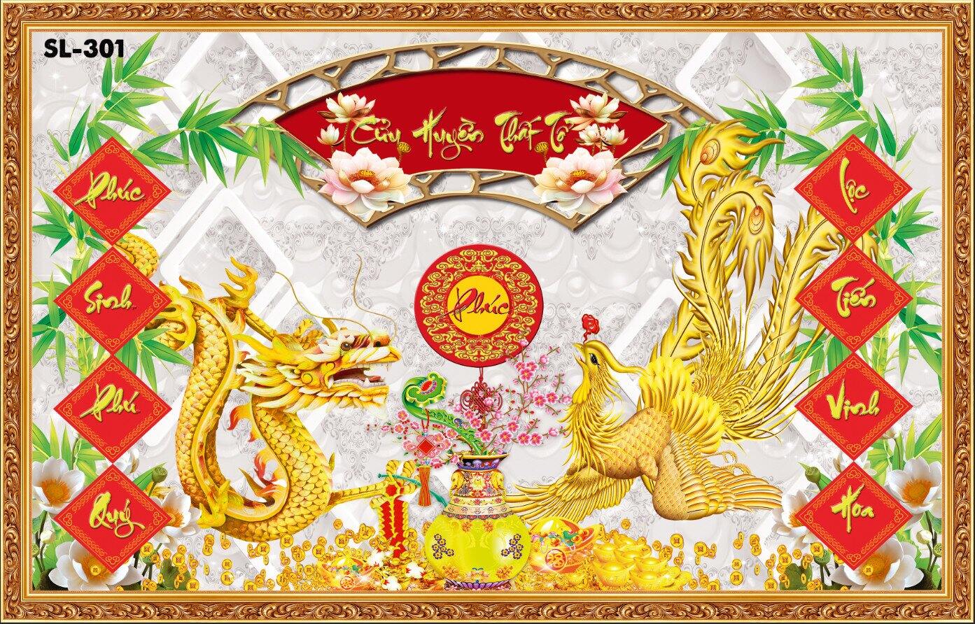 Tranh dán tường 3d Cửu Huyền Thất Tổ bàn thờ cuốn thư câu đối , tranh dán bàn thờ ông bà SL301, phòng thờ gia đình, tranh Rồng Phượng, Long Phụng
