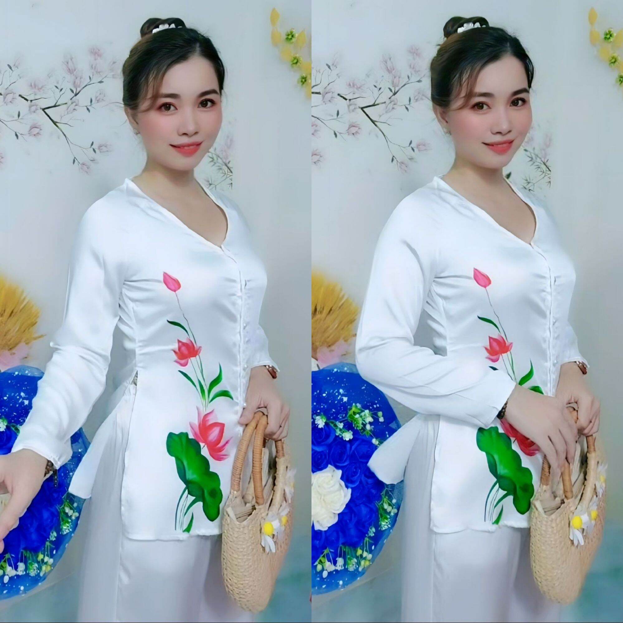 Bộ bà ba hoa sen lụa ngọc trai, phối quần lụa tằm cao cấp phom 42-58kg