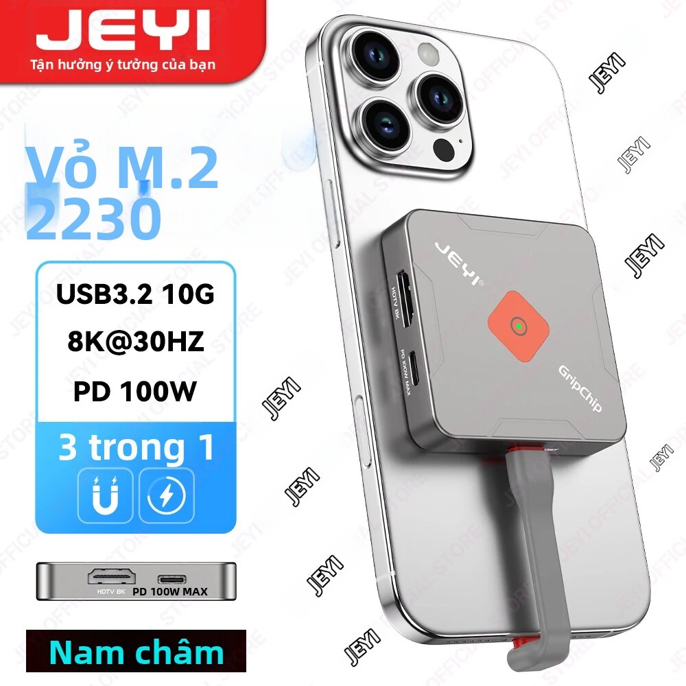 JEYI | Vỏ SSD JEYI M.2 2230 Từ Tính Magsafe USB 10Gbps Sạc Nhanh 100W PD Cho iPhone 16/15, Hỗ Trợ Chia Sẻ Màn Hình ProRes 8K/4K HD, Vỏ Nhôm Giá 1,112,000 Đồng*Miễn phí vận chuyển
