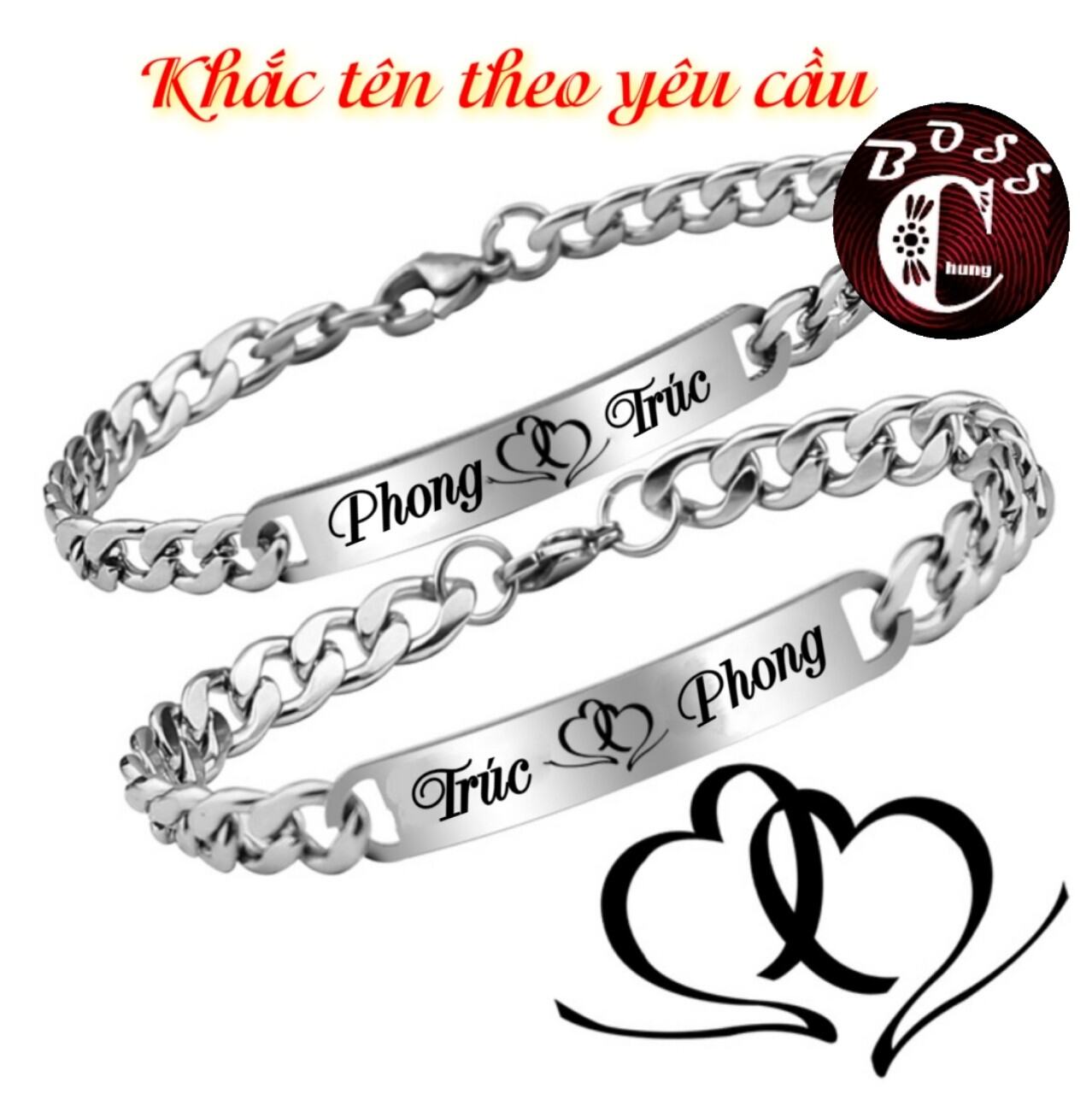 Khắc tên theo yêu cầu Vòng tay cặp nam nữ chất liệu thép không gỉ màu bạc sáng bóng,lắc tay cặp