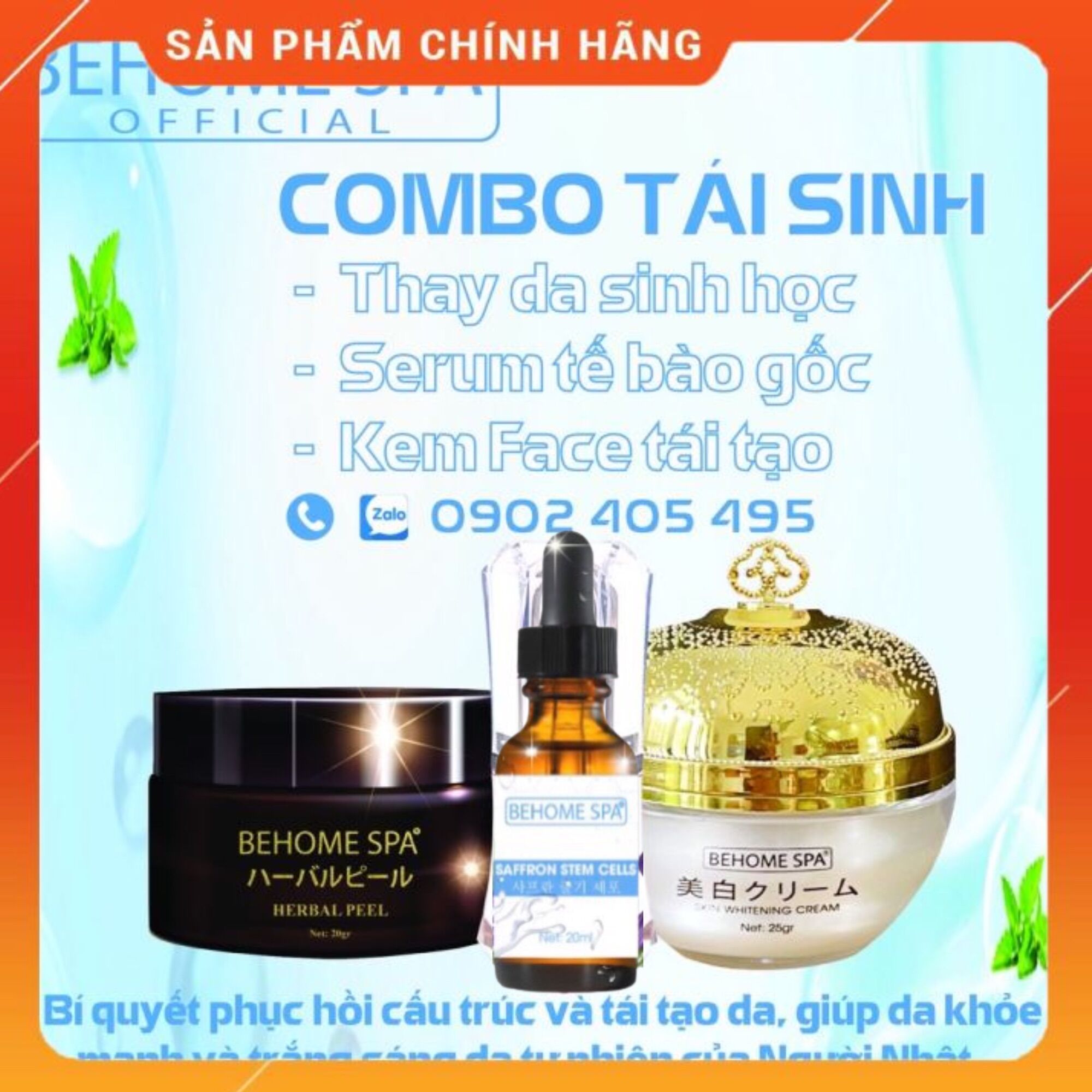 COMBO TÁI SINH: PEEL DA SINH HOC, KEM FACE TÁI TẠO TRẮNG DA, SERUM TẾ BÀO GỐC, BEHOME SPA TỪ NHẬT BẢN. BÍ QUYẾT TÁI SINH DA