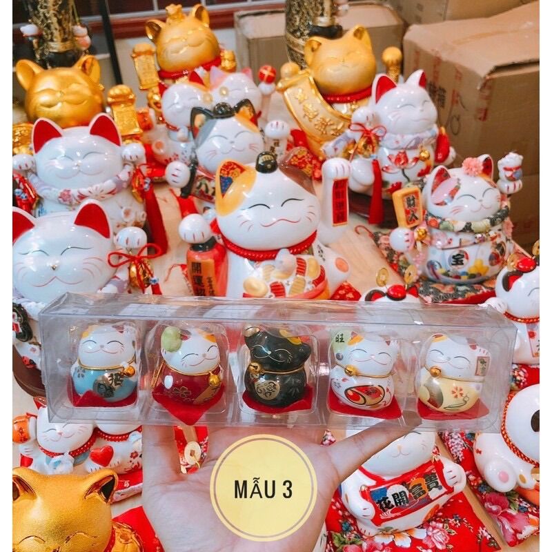 - 10 mẫu - Bộ 5 mèo thần tài mini trang trí để bàn, kệ sách