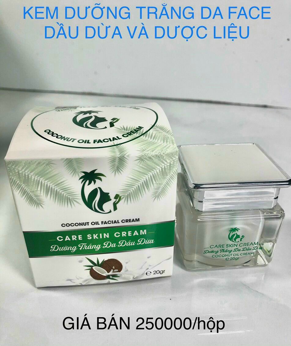 kem dưỡng trắng da mặt nguyên liệu thiên nhiên từ dầu dừa Bến Tre và các dưỡng chất nuôi dưỡng làn da trắng mịn, hồng hào, an toàn cho sức khỏe, hộp 20gram