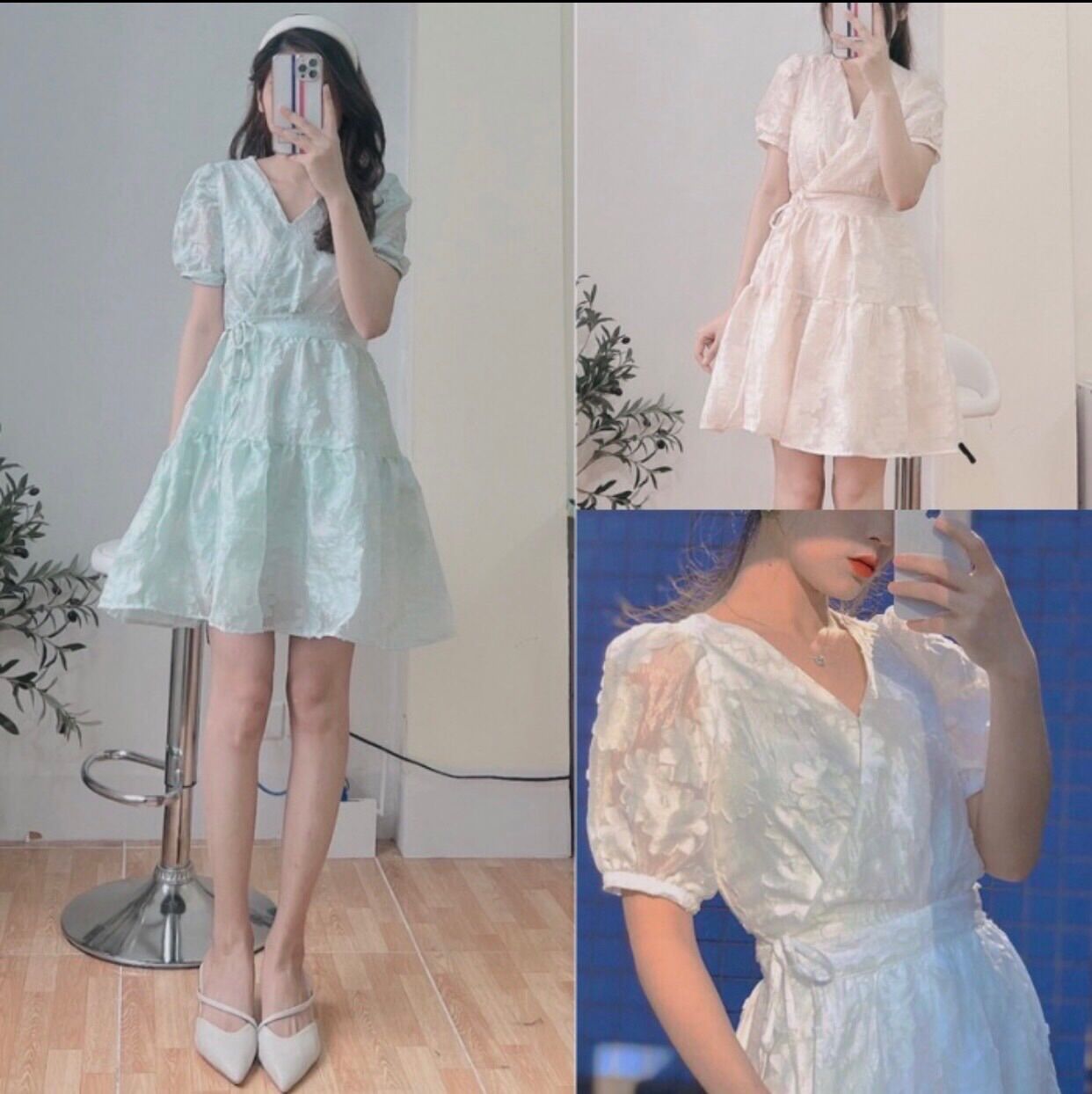 Đầm váy cổ chữ v tay bồng vải hoa nổi thắt eo 2 lớp dày dặn