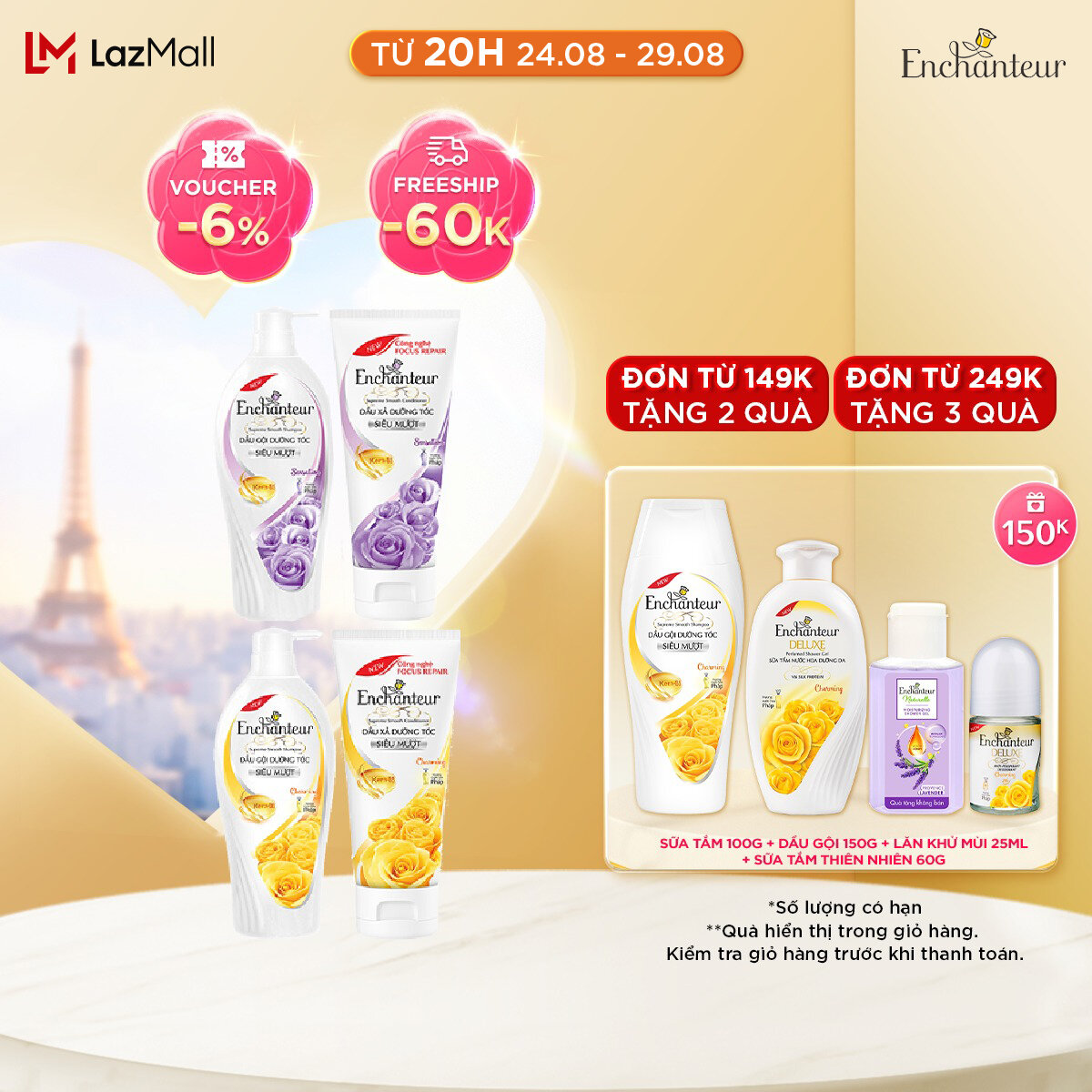 Combo Dầu gội Enchanteur hương Charming/Sensation 650g + Dầu xả hương Charming/Sensation 335g