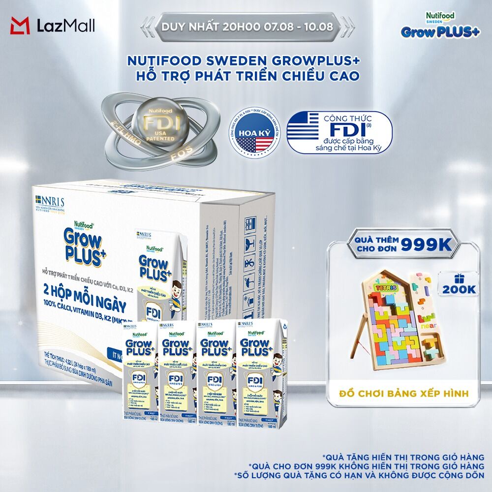Sữa Bột Pha Sẵn Nutifood Sweden GrowPLUS+ Cao lớn vượt trội - Hỗ trợ phát triển chiều cao hộp 180 ml (24 hộp x 180ml)