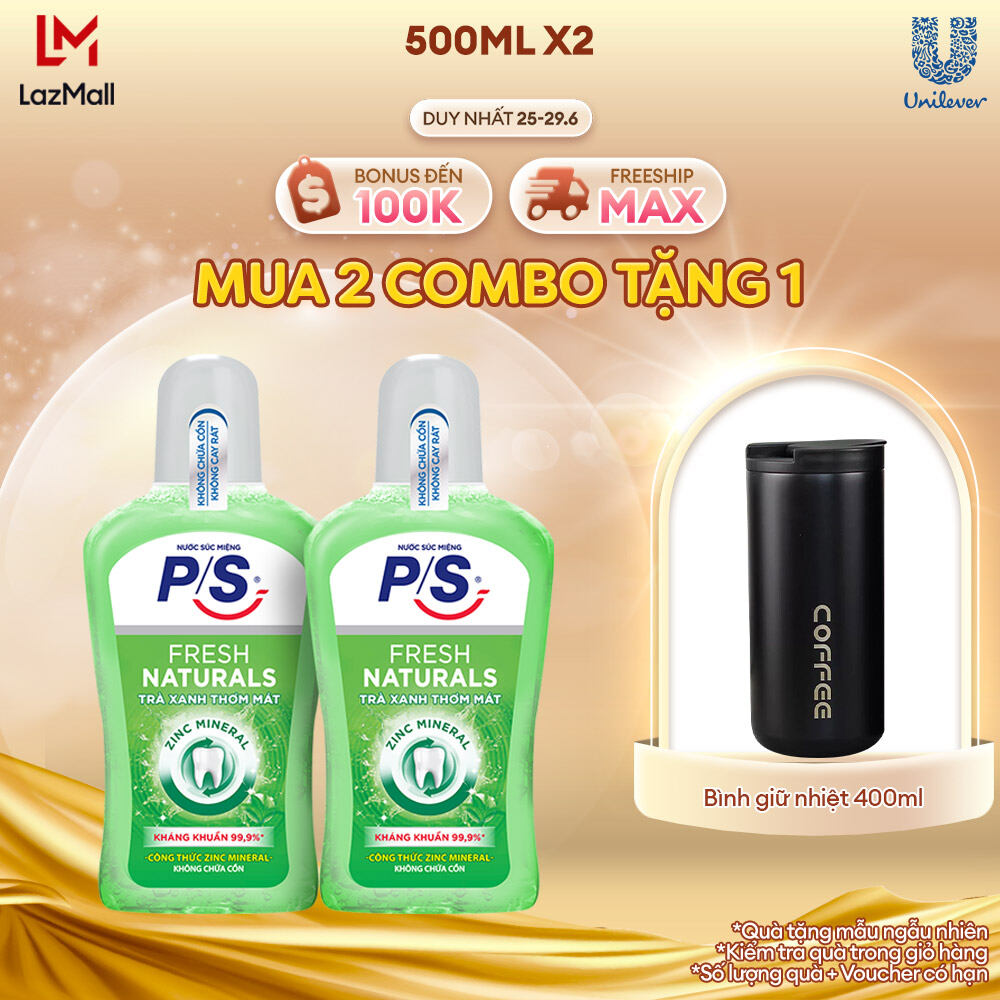 Combo 2 Nước Súc Miệng P/S Trà Xanh Zinc Mineral Không Cồn Không Cay Rát Kháng Khuẩn 99.9% Hơi Thở Thơm Mát 500Ml/Chai