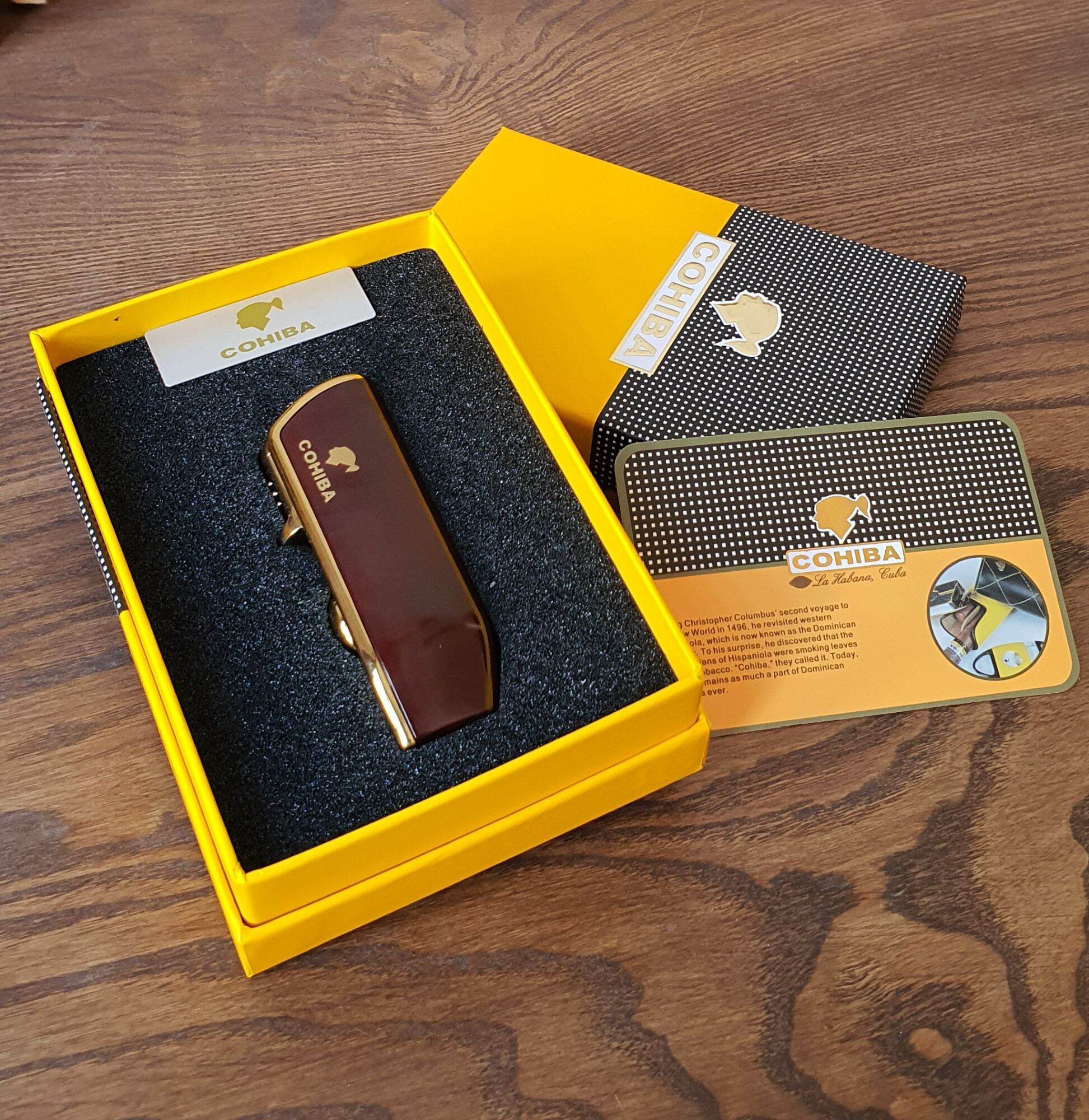 Bật lửa khò XÌ Gà Cohiba 3tia kèm đục màu nâu vàng-3 tia lửa
