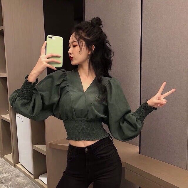 Áo kiểu croptop🍁Áo nhúm eo tay dài ống bo🍁