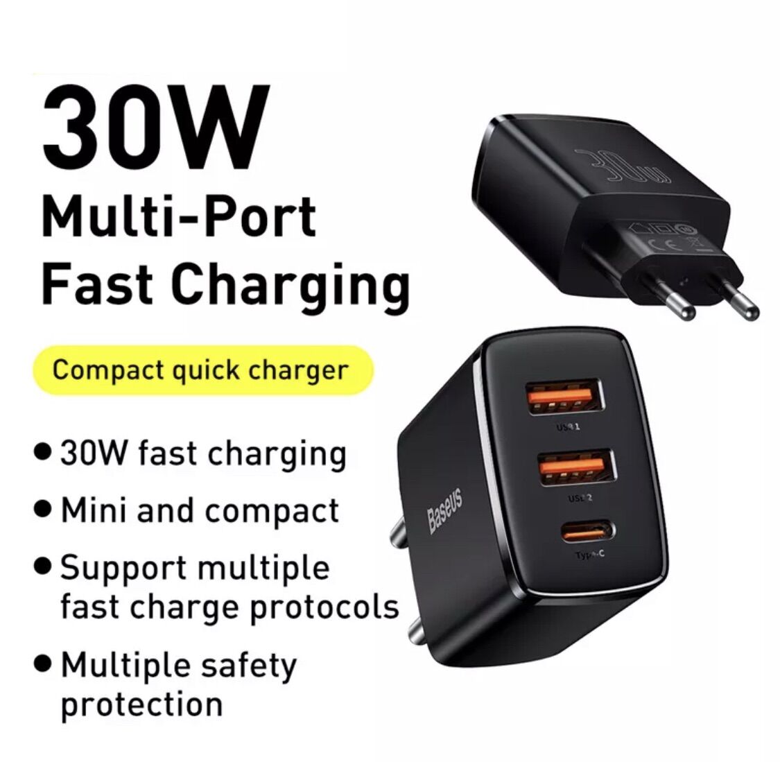 Củ sạc nhanh 30W Baseus 3 cổng TypeC/ USB hỗ trợ QC4.0/PD3.0