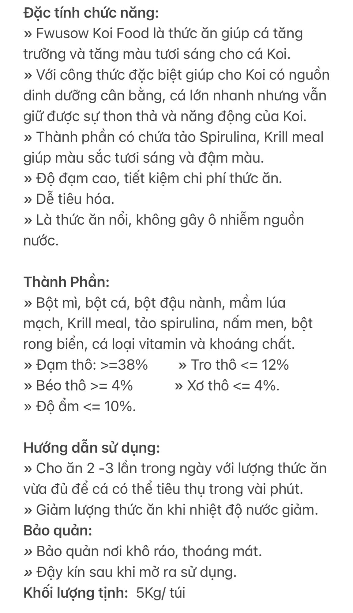 Thức Ăn Lên Màu Cho cá Koi Fwusow - Túi 5 kg