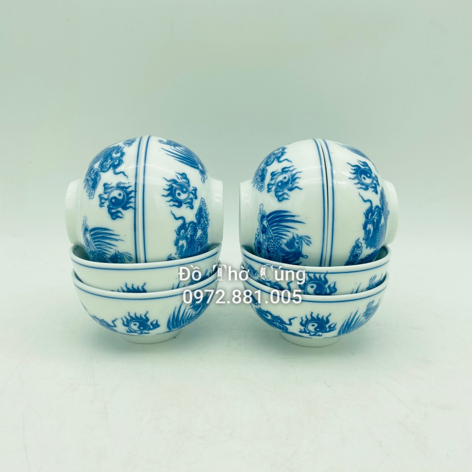 Bát cơm thờ men lam, rồng phượng, bát cúng