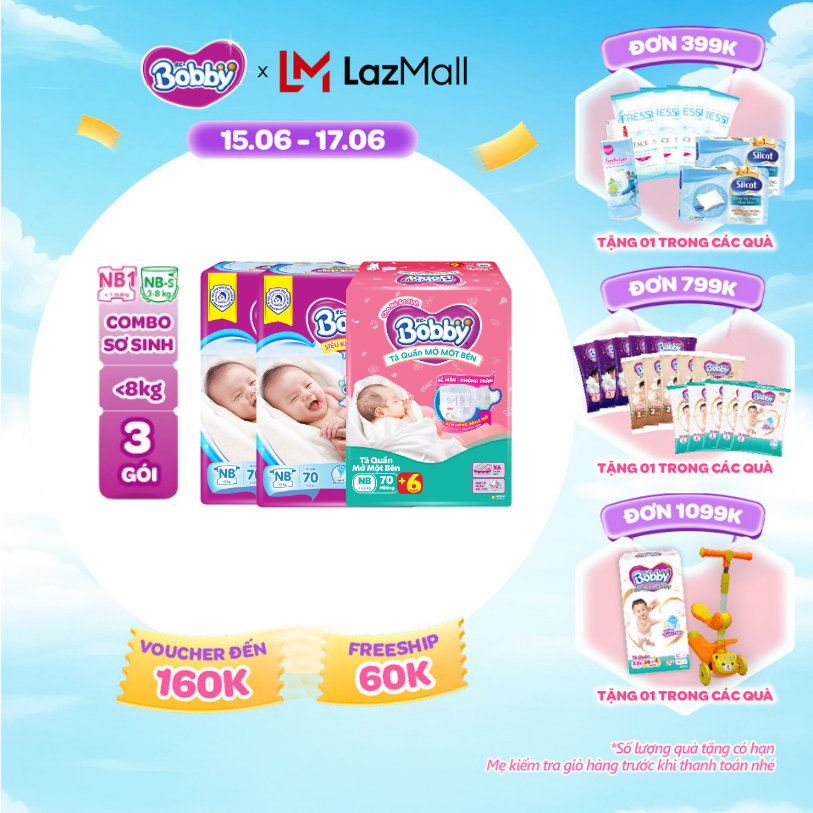 [TẶNG MIẾNG NGẪU NHIÊN] Combo sơ sinh gồm 02 gói Tã dán Bobby NB70 miếng và  01 gói Tã quần mở một bên NB-S 74 miếng