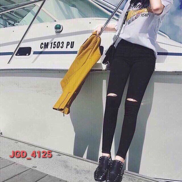 Jeans dài lưng cao co giãn rách