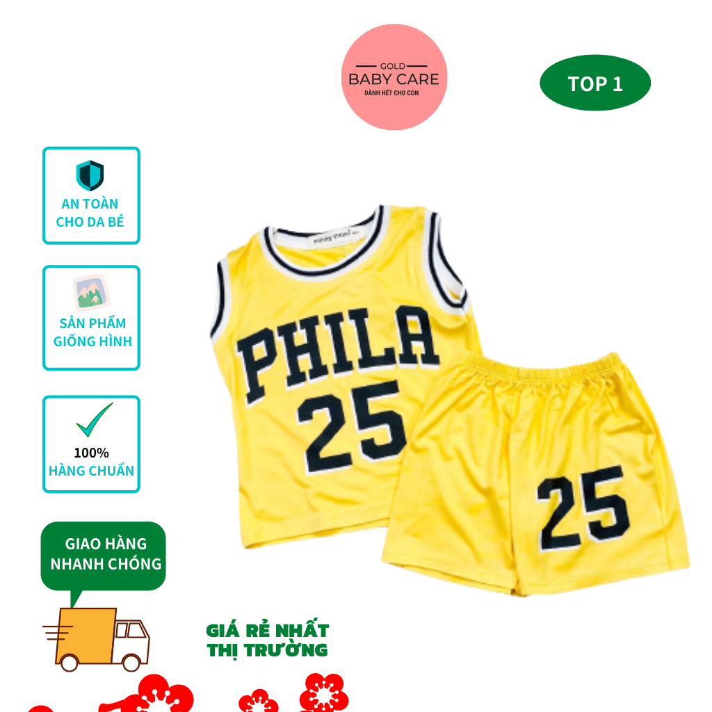 GoldBabyCare - Full Size 8-34kg Set Bộ Ba Lỗ Thể Thao In Chữ PHILA Số 25 Thun Lạnh Bé Trai Bé Gái Từ Sơ Sinh Minky Mom Form Thoải Máy Năng Động, Quần Áo Trẻ Em Mùa Hè