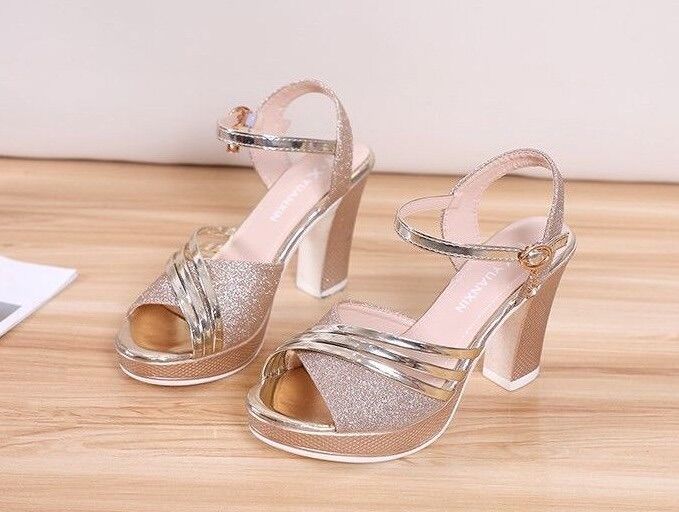 Giày sandal gót vuông ánh kim @9999&@@@