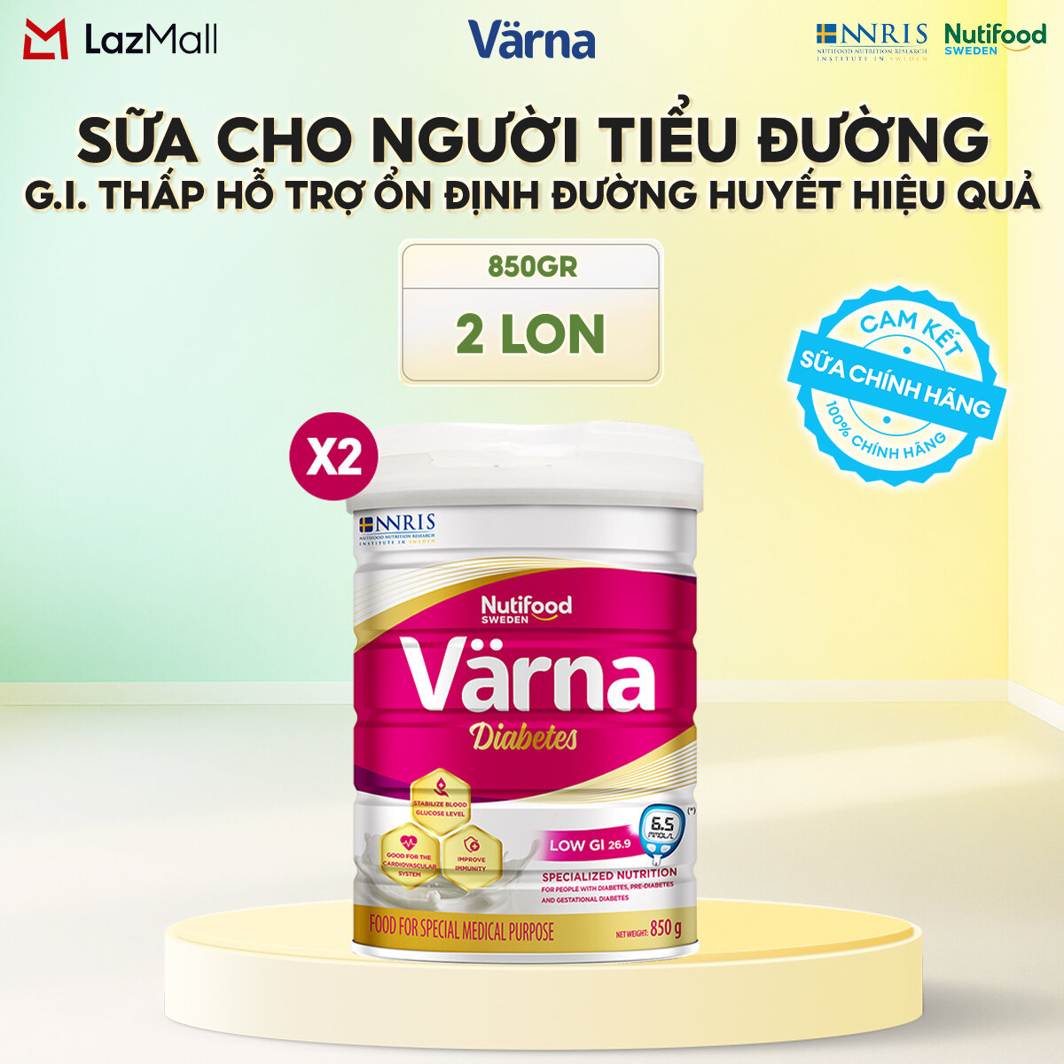 Bộ 2 Lon sữa bột Varna Diabetes Lon 850g - Ổn định đường huyết (GI thấp) - Varna