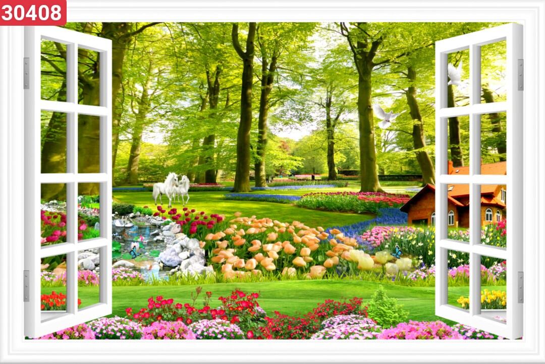  Tranh cửa sổ 3D dán tường in trên chất liệu vải lụa  shop tặng kèm keo dán  tranh dán phòng khách tranh dán phòng ngủ 