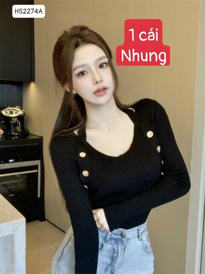 Áo thun gân tay dài cổ tim choàng cổ