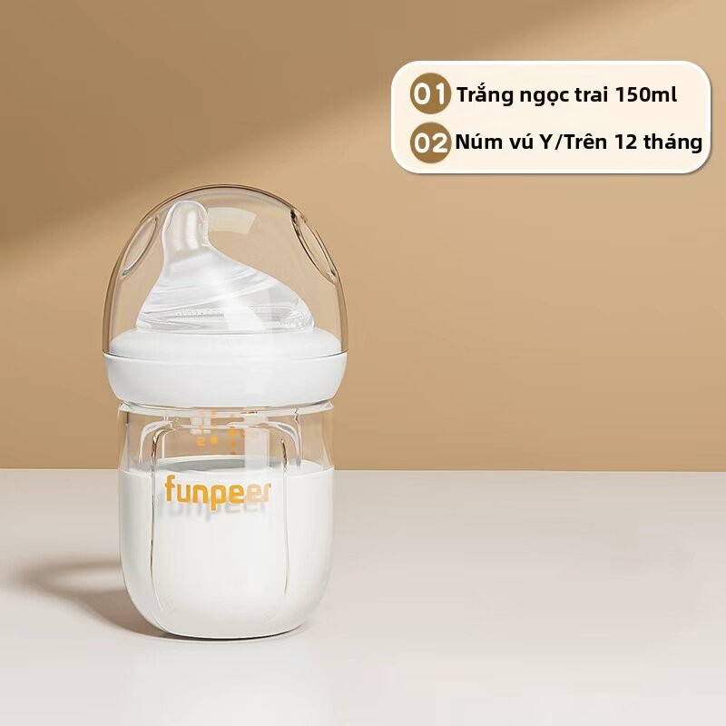 Funpeer | Bình sữa thủy tinh Funpeer cho trẻ sơ sinh từ 0-6 tháng tuổi chống đầy hơi và chống sặc